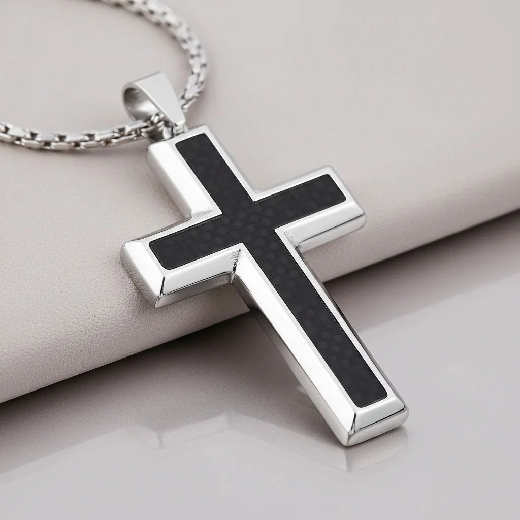 Stainless Steel Black Carbon Fiber Cross Pendant / PDJ0013 - Image 3