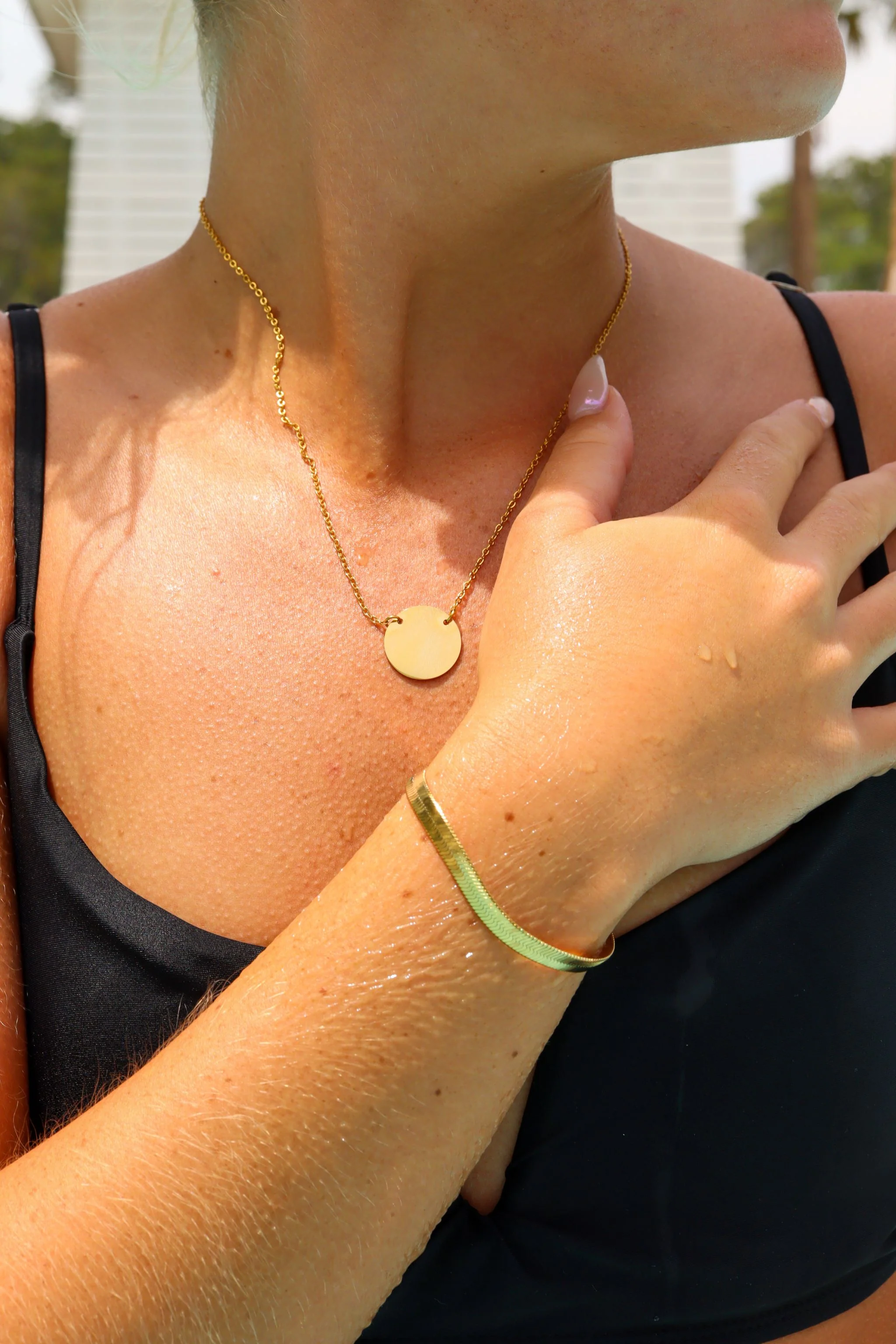 18K Gold PVD Stainless Steel Blank Circle Necklace / SBB0240 - Image 3