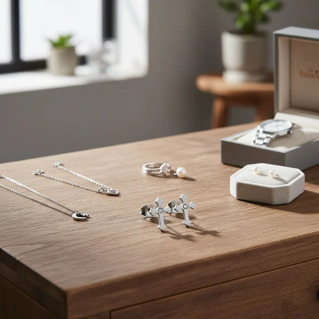 Stainless Steel Cross CZ Earrings / ERJ3132 - Image 4