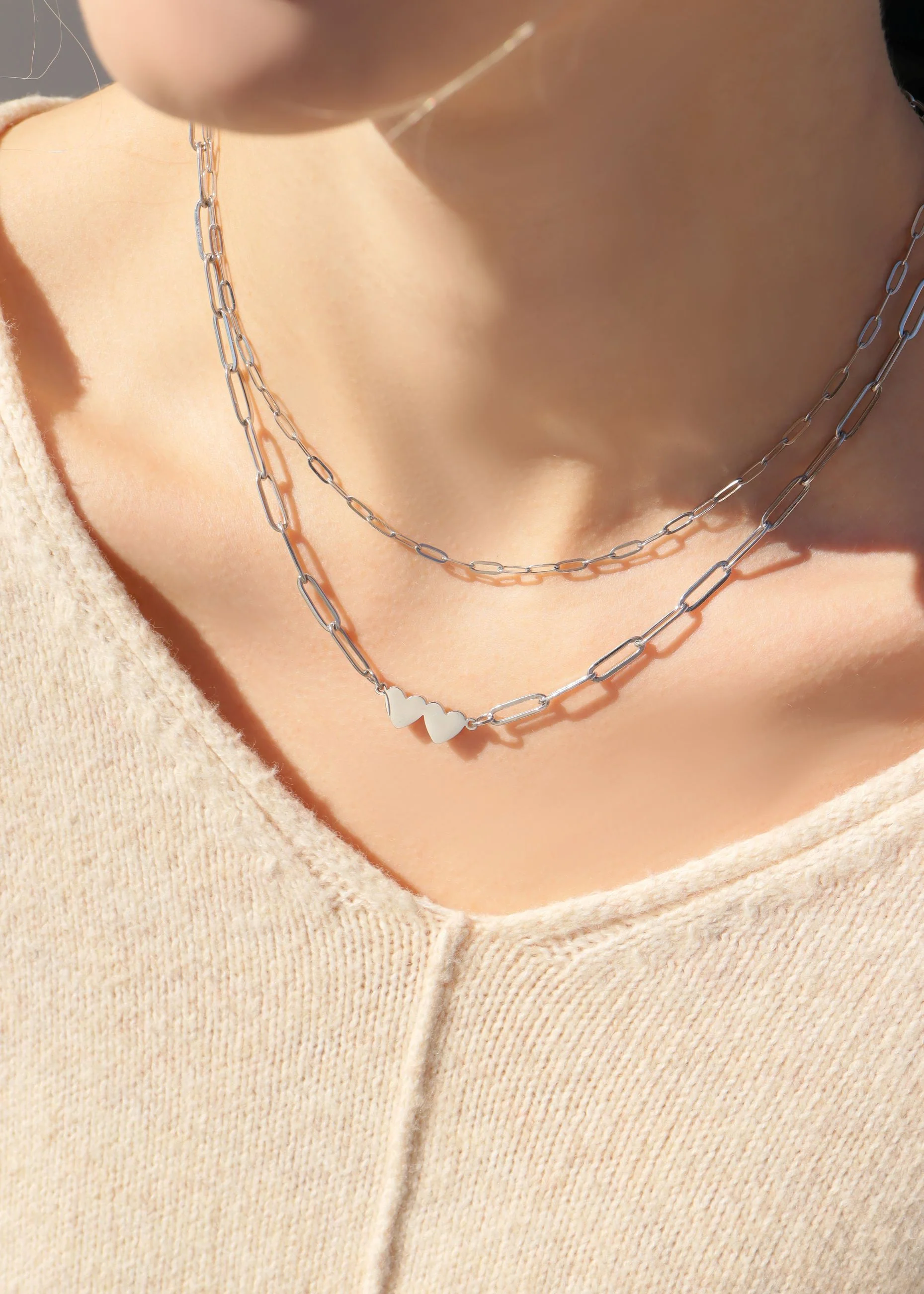 Stainless Steel Engravable 2 Heart Paperclip Necklace / SBB0351 - Image 4